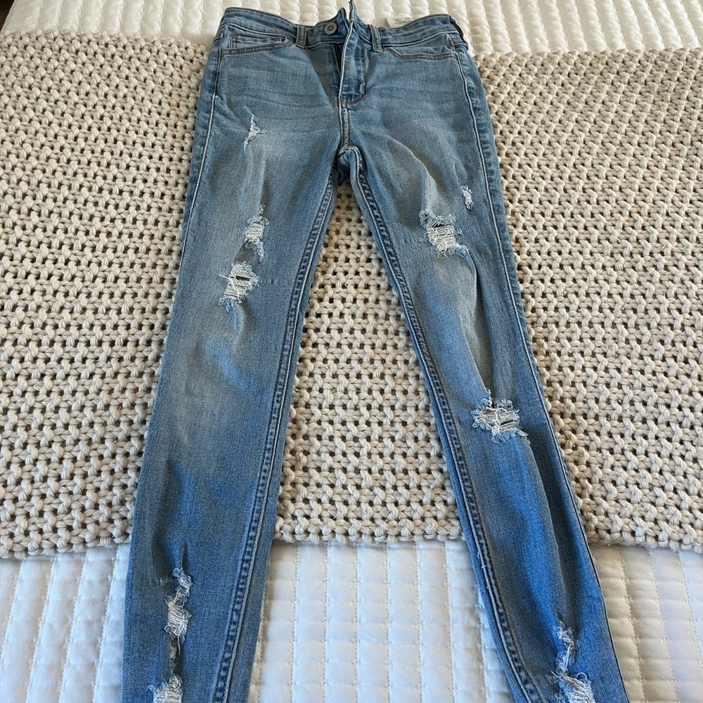 Women's High Rise Crop Super Skinny Distressed Blue Jeans